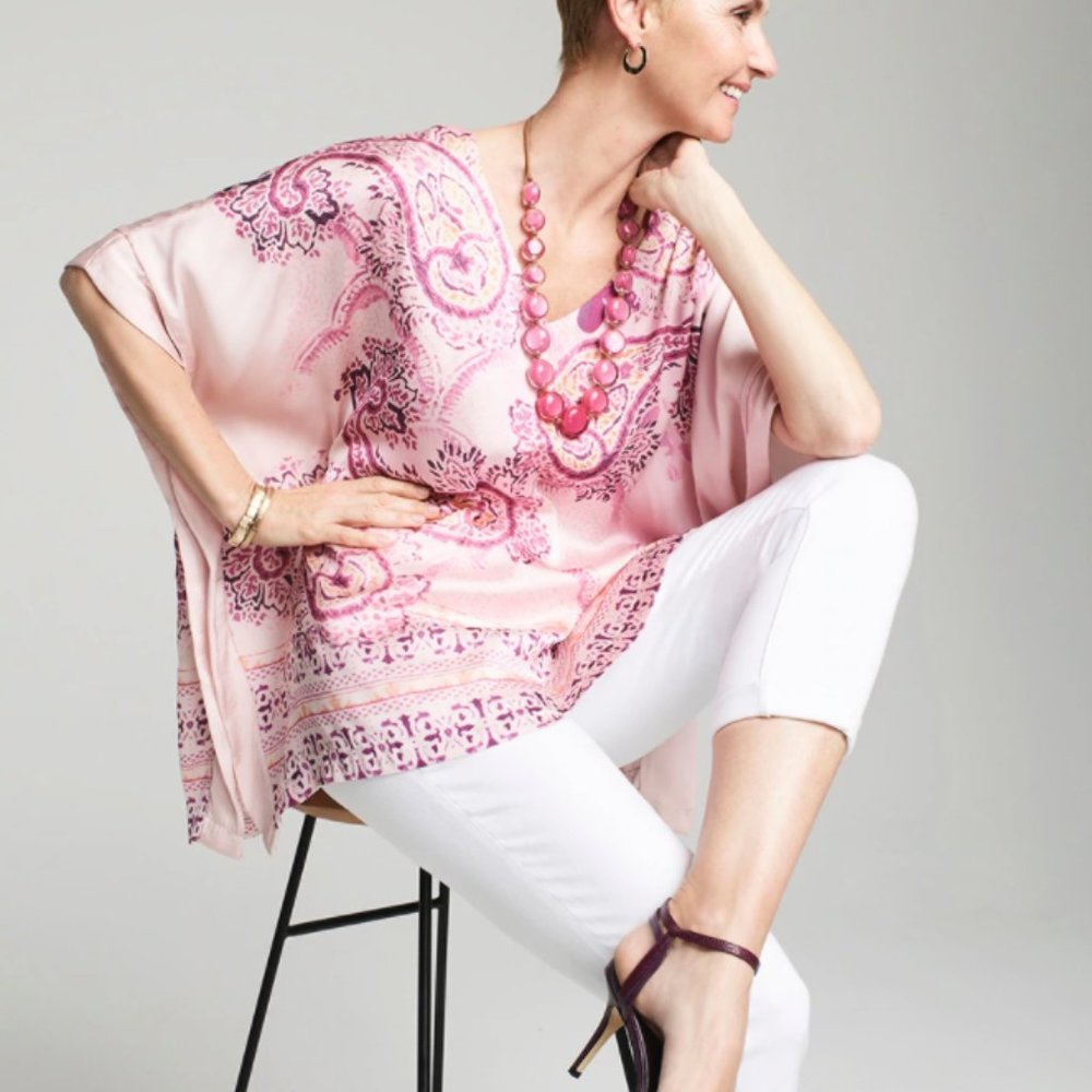 Pink Paisley Solid-Border Poncho - image 1